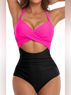 Eomenie Black Pink Color block One Piece Swimsuit Med NWT